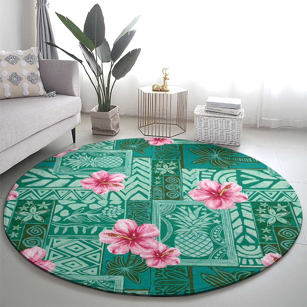 Cyan Hawaii Hibiscus With Tropical Flowers Motifs Round Carpet - Polynesian Pride