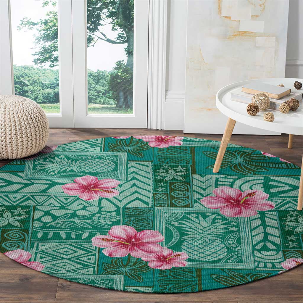 Cyan Hawaii Hibiscus With Tropical Flowers Motifs Round Carpet - Polynesian Pride