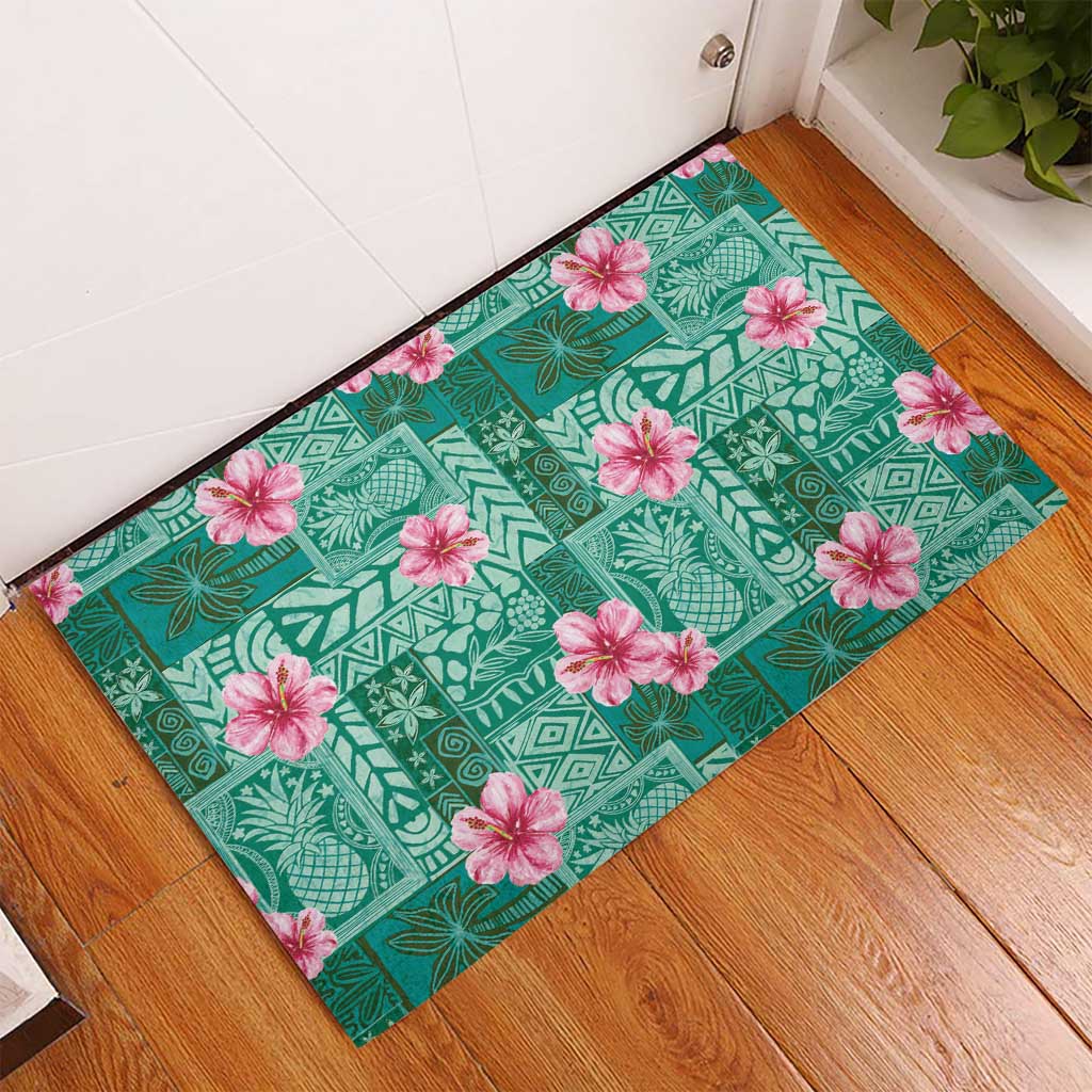 Cyan Hawaii Hibiscus With Tropical Flowers Motifs Rubber Doormat - Polynesian Pride