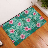 Cyan Hawaii Hibiscus With Tropical Flowers Motifs Rubber Doormat - Polynesian Pride