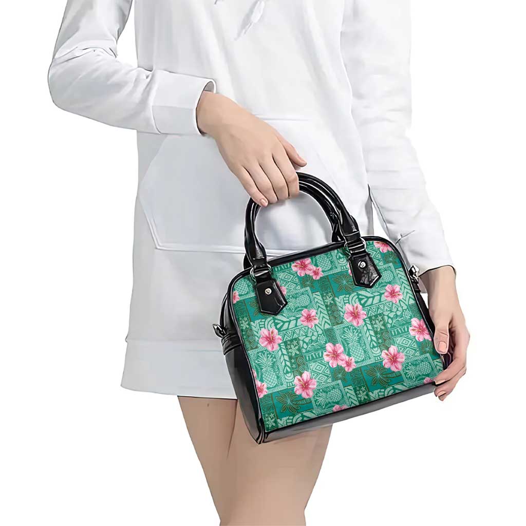 Cyan Hawaii Hibiscus With Tropical Flowers Motifs Shoulder Handbag - Polynesian Pride
