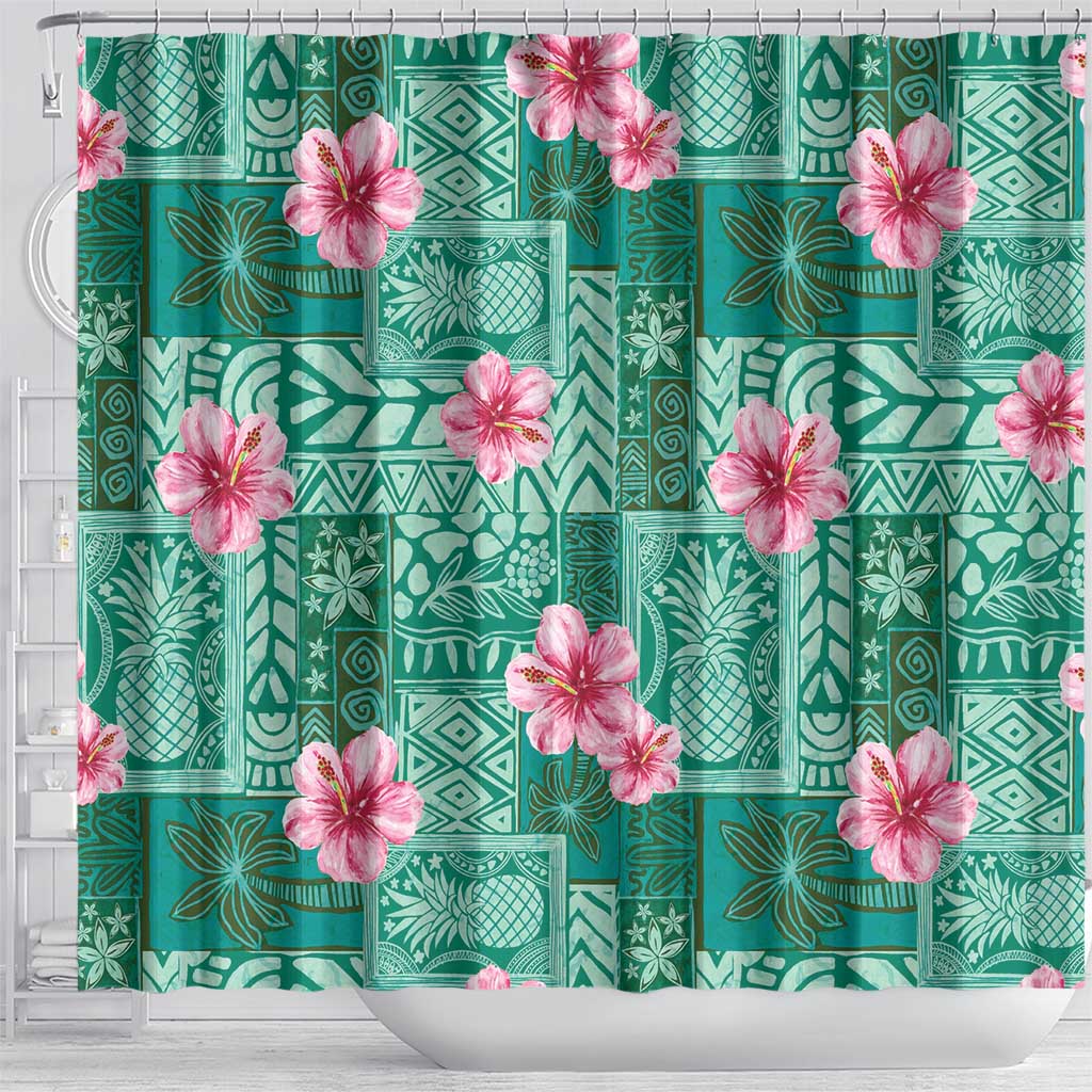 Cyan Hawaii Hibiscus With Tropical Flowers Motifs Shower Curtain - Polynesian Pride