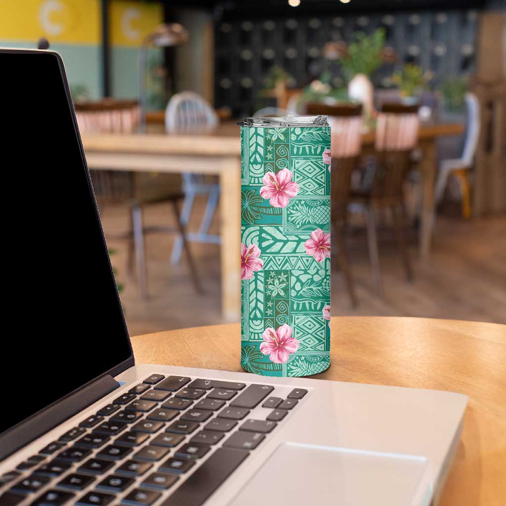 Cyan Hawaii Hibiscus With Tropical Flowers Motifs Skinny Tumbler - Polynesian Pride