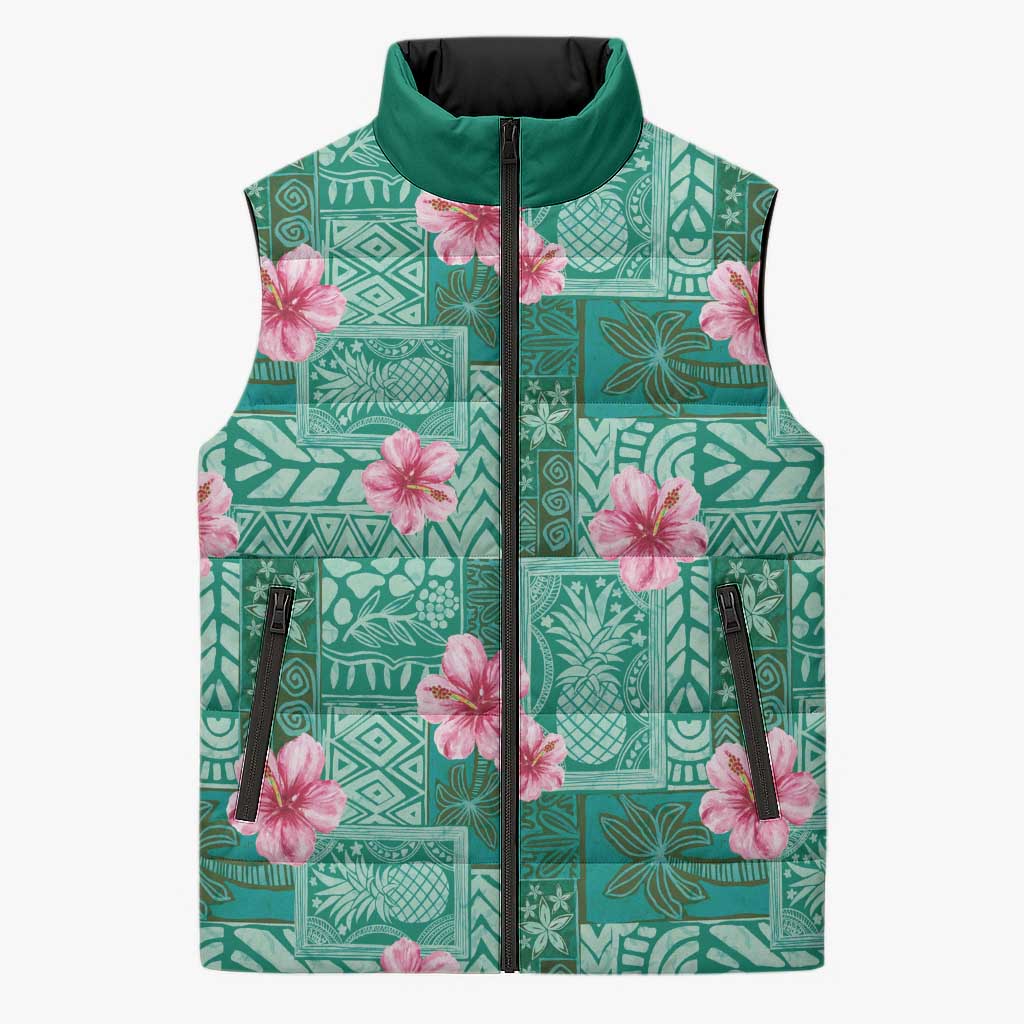 Cyan Hawaii Hibiscus With Tropical Flowers Motifs Sleeveless Puffer Jacket - Polynesian Pride