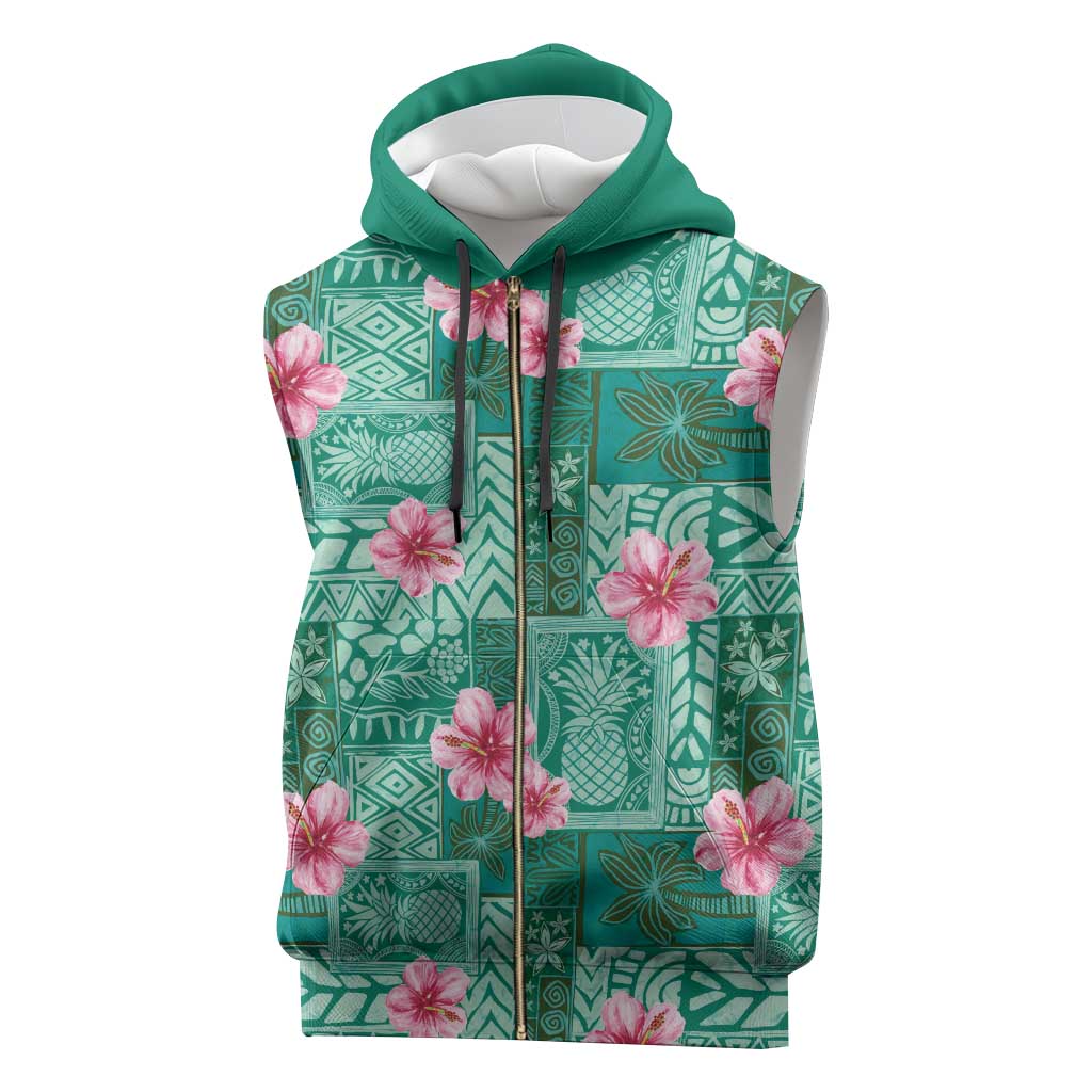 Cyan Hawaii Hibiscus With Tropical Flowers Motifs Sleeveless Zip Hoodie - Polynesian Pride
