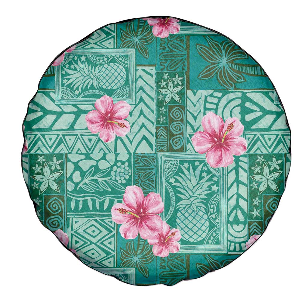 Cyan Hawaii Hibiscus With Tropical Flowers Motifs Spare Tire Cover - Polynesian Pride