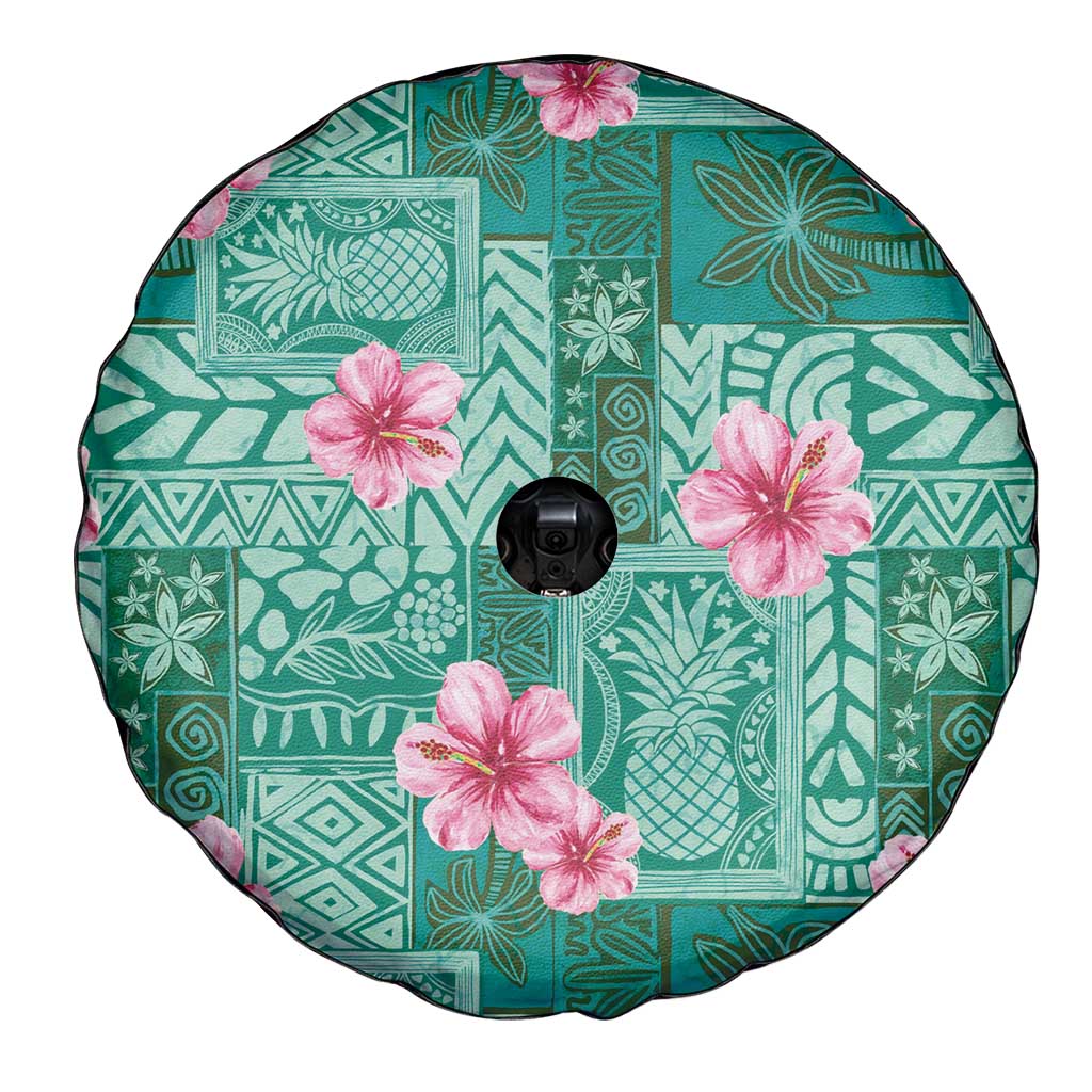 Cyan Hawaii Hibiscus With Tropical Flowers Motifs Spare Tire Cover - Polynesian Pride