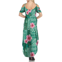 Cyan Hawaii Hibiscus With Tropical Flowers Motifs Summer Maxi Dress - Polynesian Pride