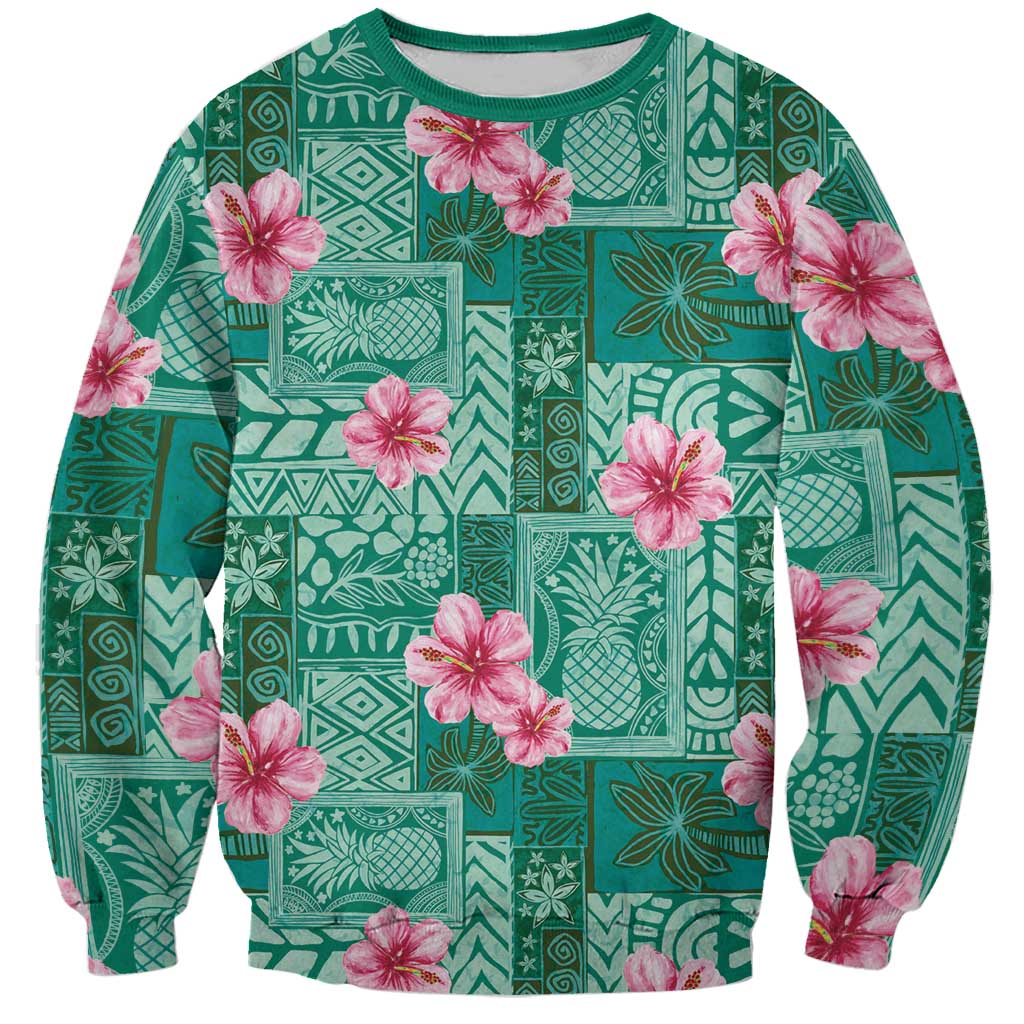 Cyan Hawaii Hibiscus With Tropical Flowers Motifs Sweatshirt - Polynesian Pride