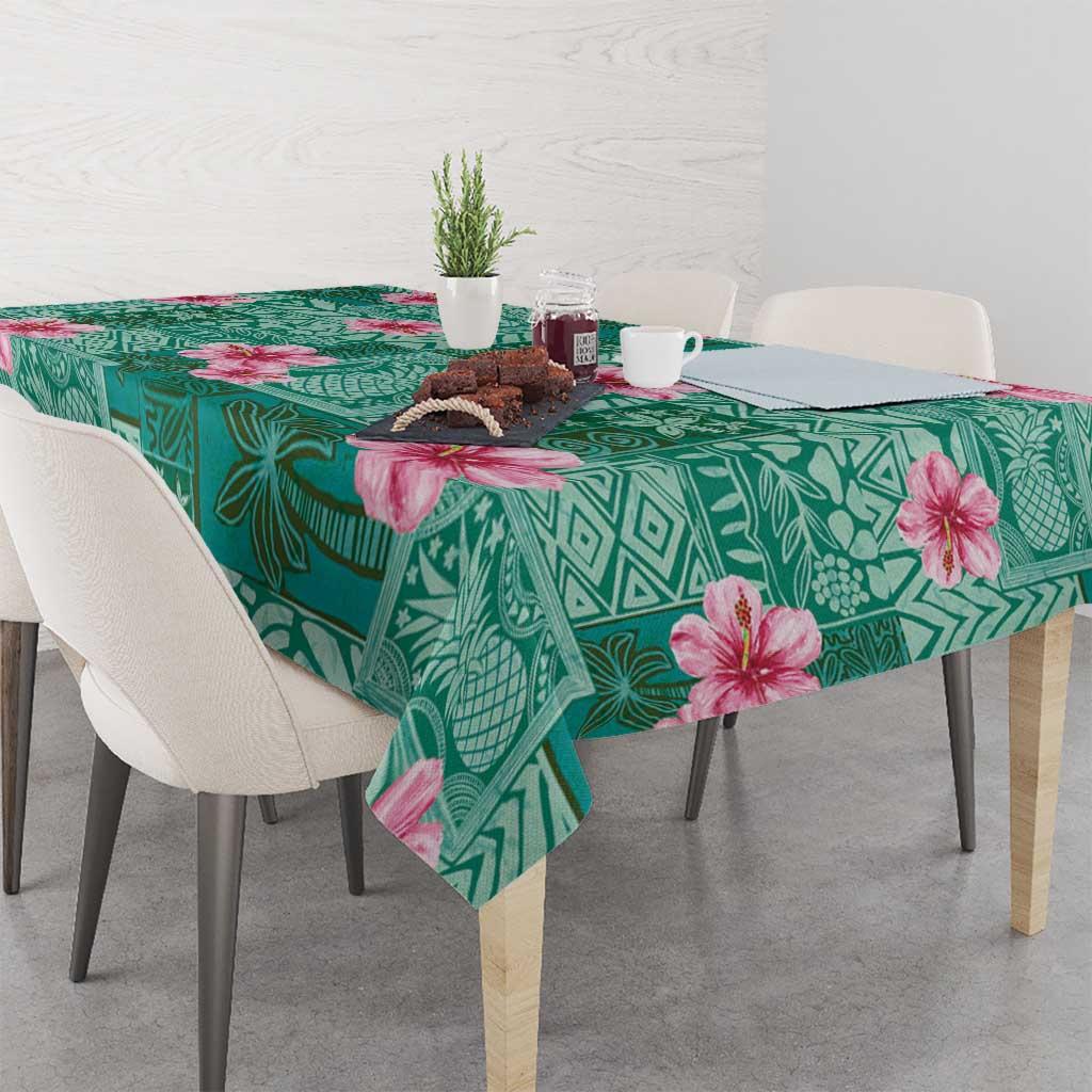 Cyan Hawaii Hibiscus With Tropical Flowers Motifs Tablecloth - Polynesian Pride