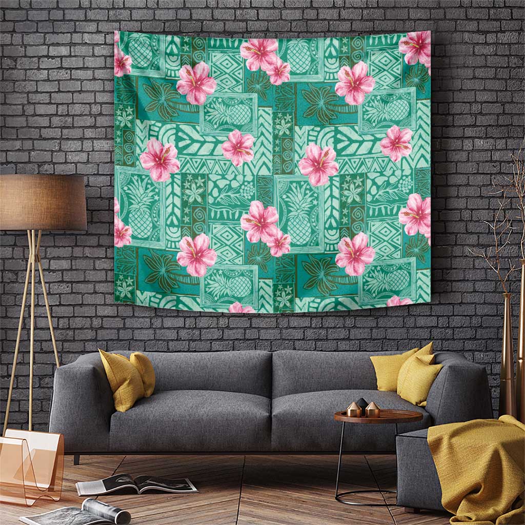 Cyan Hawaii Hibiscus With Tropical Flowers Motifs Tapestry - Polynesian Pride