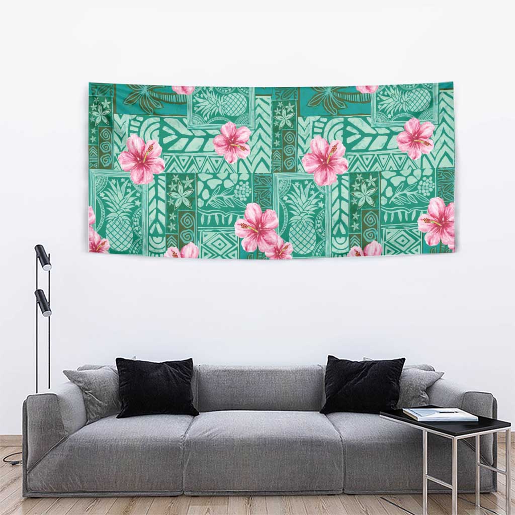 Cyan Hawaii Hibiscus With Tropical Flowers Motifs Tapestry - Polynesian Pride