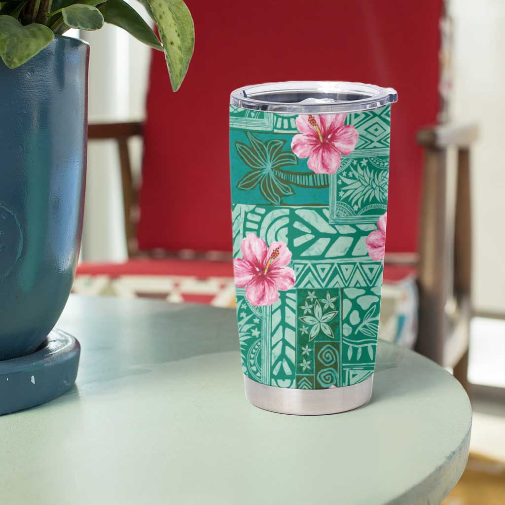 Cyan Hawaii Hibiscus With Tropical Flowers Motifs Tumbler Cup - Polynesian Pride