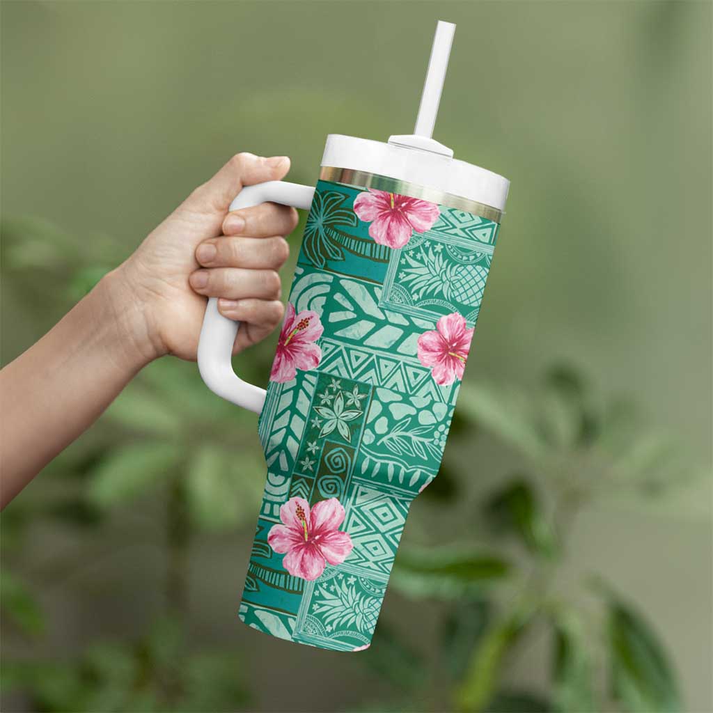 Cyan Hawaii Hibiscus With Tropical Flowers Motifs Tumbler With Handle - Polynesian Pride