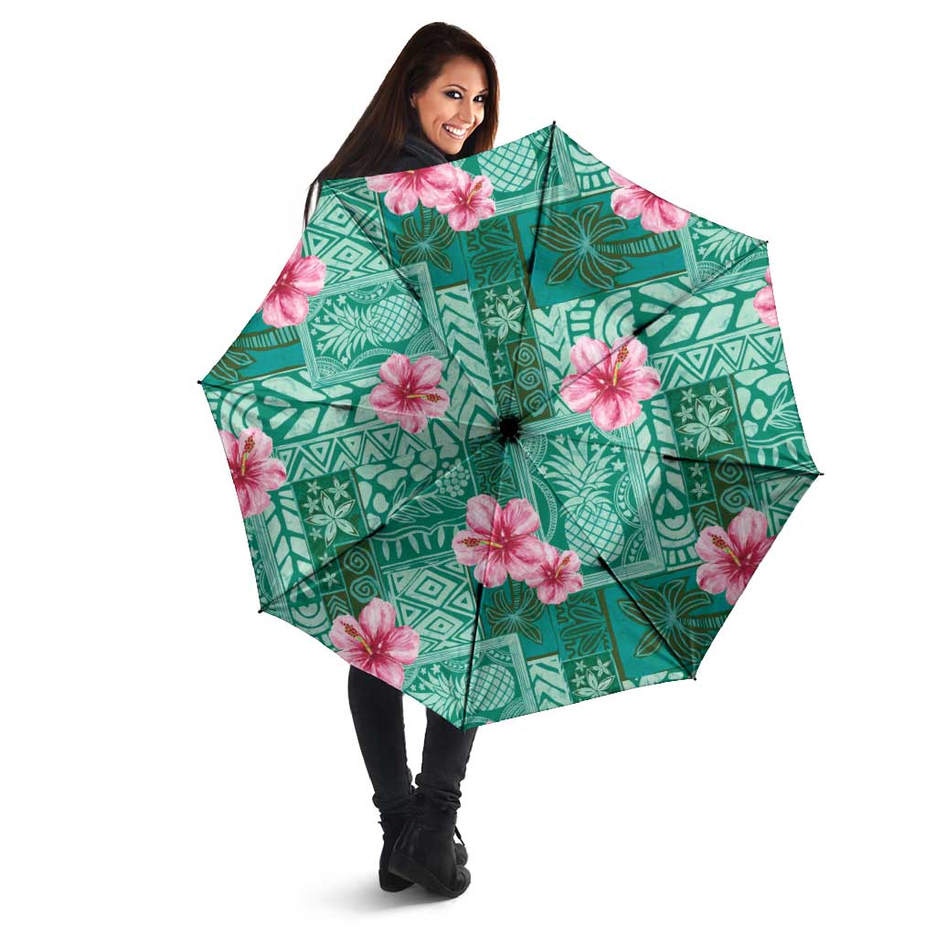 Cyan Hawaii Hibiscus With Tropical Flowers Motifs Umbrella - Polynesian Pride