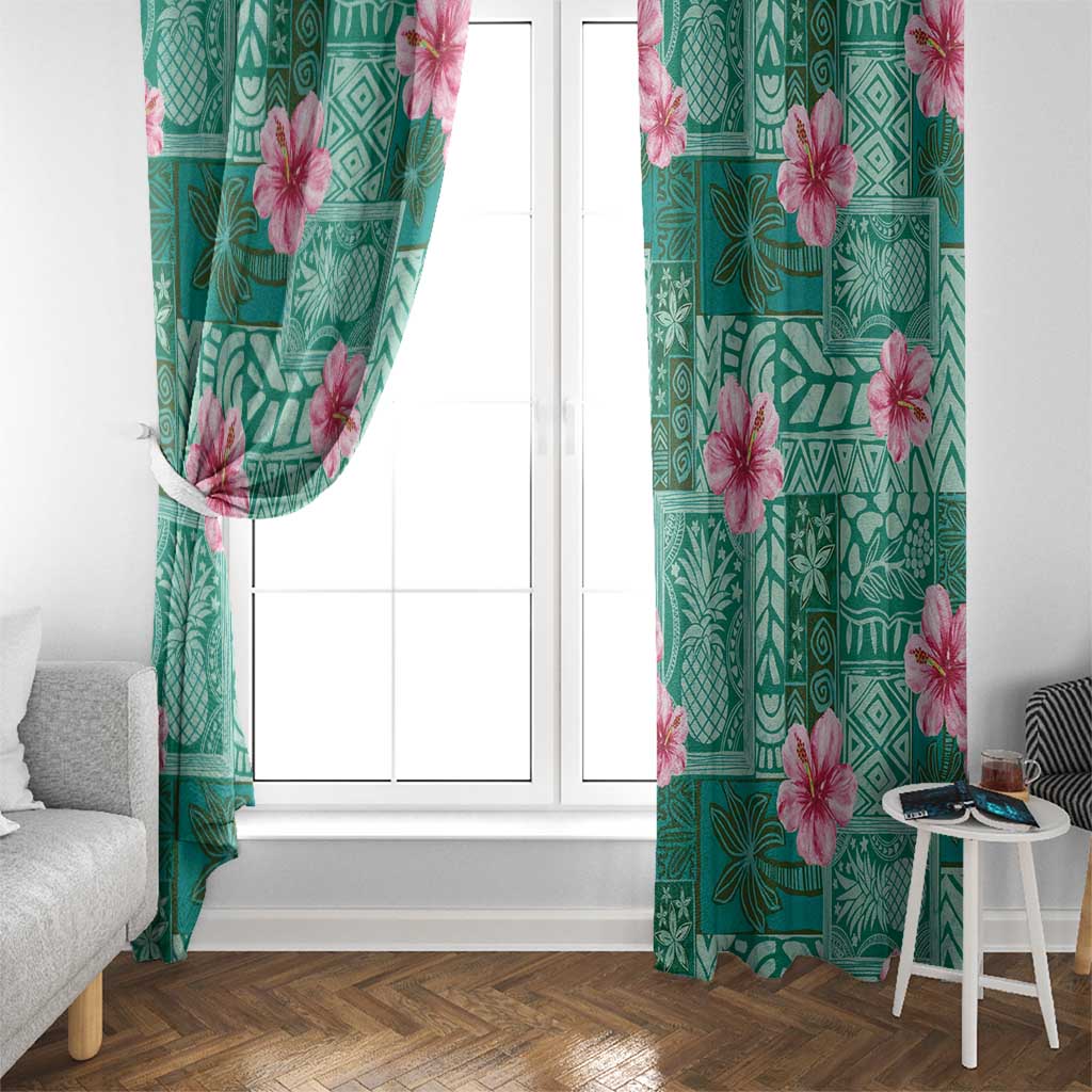 Cyan Hawaii Hibiscus With Tropical Flowers Motifs Window Curtain - Polynesian Pride