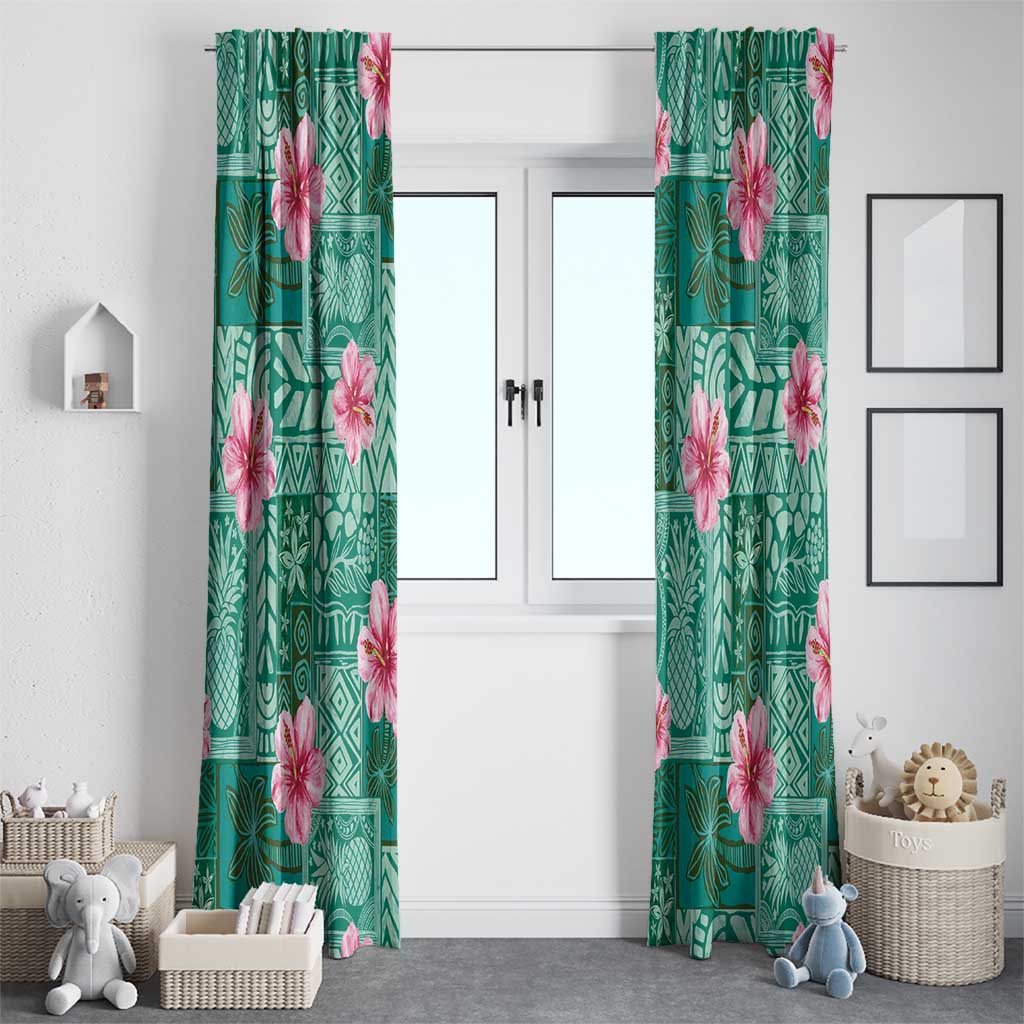 Cyan Hawaii Hibiscus With Tropical Flowers Motifs Window Curtain - Polynesian Pride