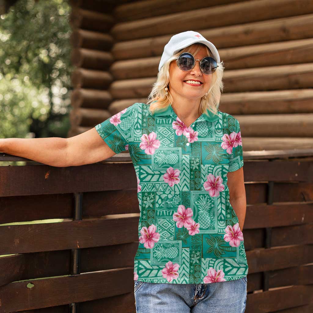 Cyan Hawaii Hibiscus With Tropical Flowers Motifs Women Polo Shirt - Polynesian Pride