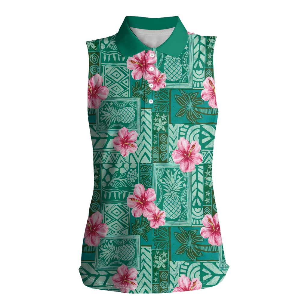 Cyan Hawaii Hibiscus With Tropical Flowers Motifs Women Sleeveless Polo Shirt - Polynesian Pride