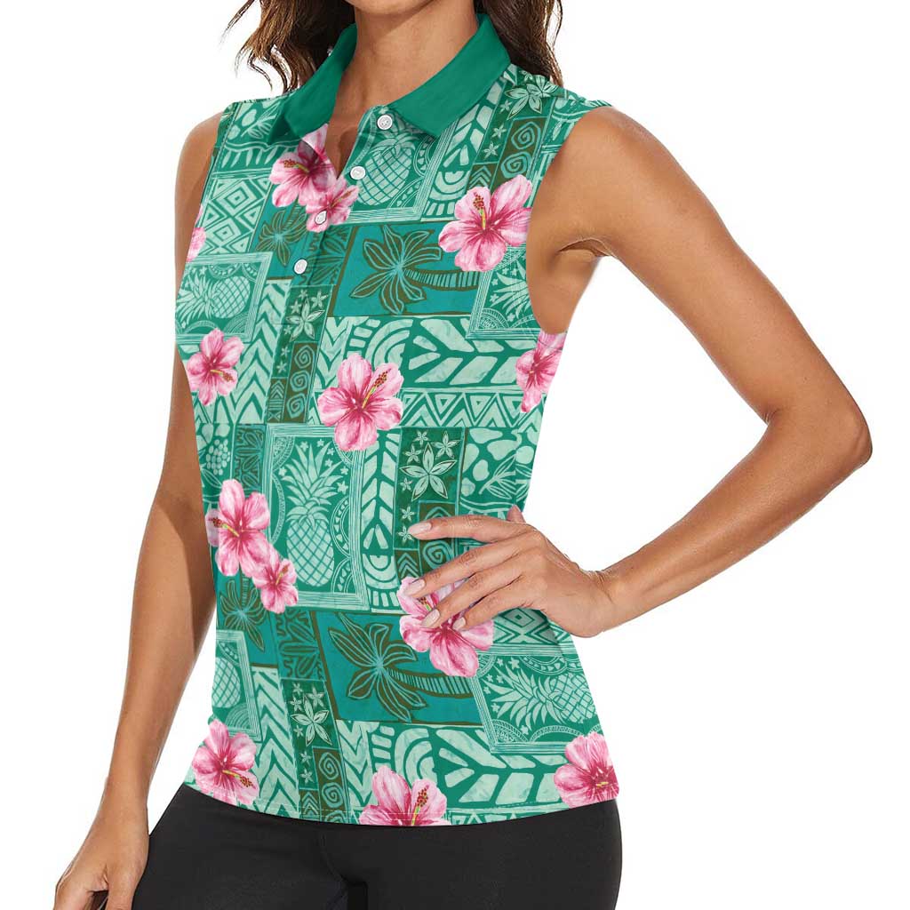 Cyan Hawaii Hibiscus With Tropical Flowers Motifs Women Sleeveless Polo Shirt - Polynesian Pride