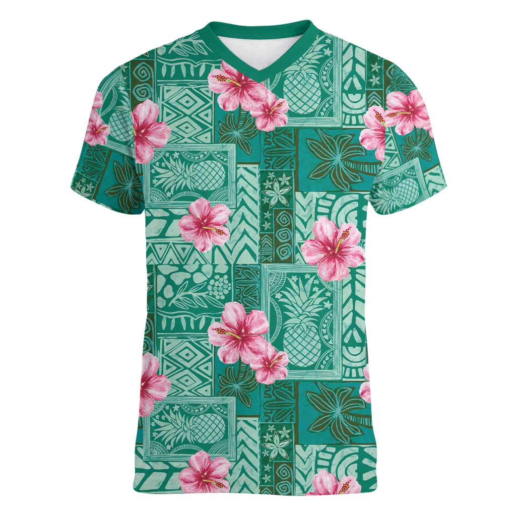 Cyan Hawaii Hibiscus With Tropical Flowers Motifs Women V-Neck T-Shirt - Polynesian Pride
