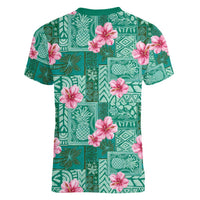 Cyan Hawaii Hibiscus With Tropical Flowers Motifs Women V-Neck T-Shirt - Polynesian Pride