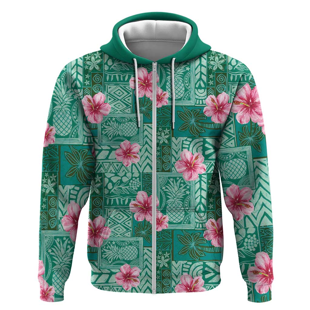 Cyan Hawaii Hibiscus With Tropical Flowers Motifs Zip Hoodie - Polynesian Pride