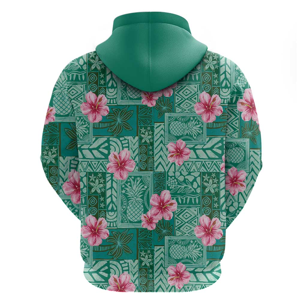 Cyan Hawaii Hibiscus With Tropical Flowers Motifs Zip Hoodie - Polynesian Pride