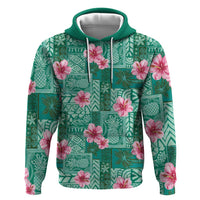 Cyan Hawaii Hibiscus With Tropical Flowers Motifs Zip Hoodie - Polynesian Pride