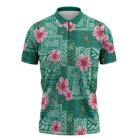 Cyan Hawaii Hibiscus With Tropical Flowers Motifs Zipper Polo Shirt - Polynesian Pride