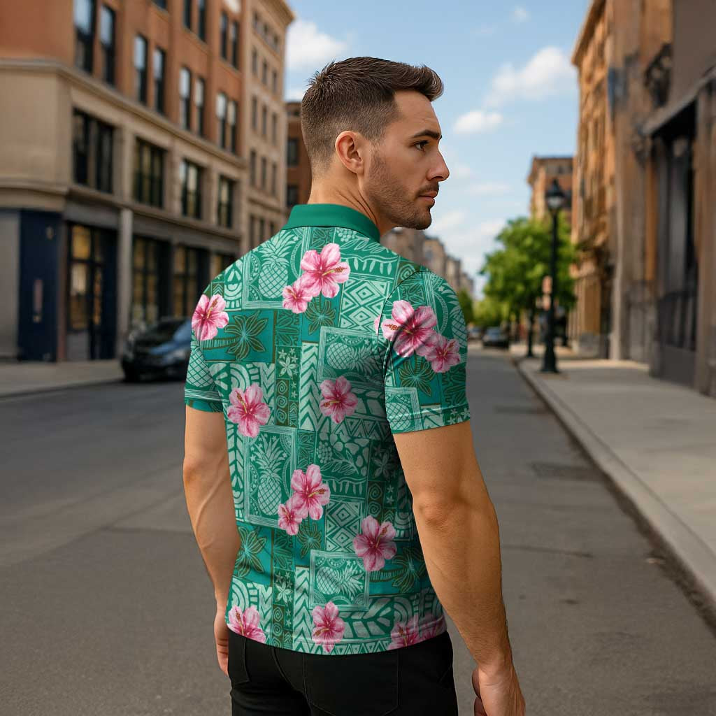 Cyan Hawaii Hibiscus With Tropical Flowers Motifs Zipper Polo Shirt - Polynesian Pride
