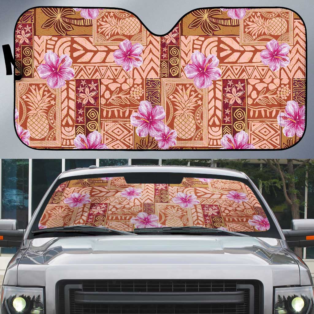 Orange Hawaii Hibiscus With Tropical Flowers Motifs Auto Sun Shade - Polynesian Pride