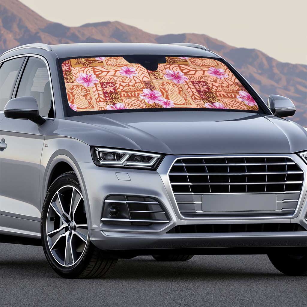 Orange Hawaii Hibiscus With Tropical Flowers Motifs Auto Sun Shade - Polynesian Pride