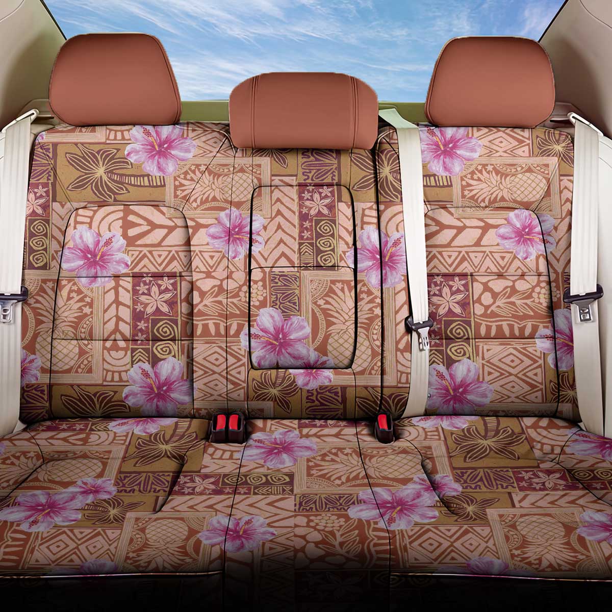 Orange Hawaii Hibiscus With Tropical Flowers Motifs Back Car Seat Cover - Polynesian Pride