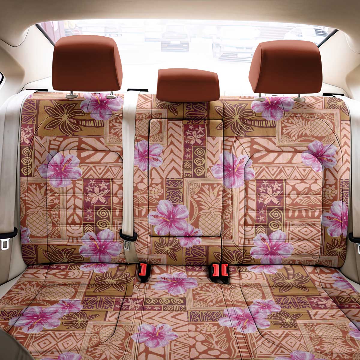 Orange Hawaii Hibiscus With Tropical Flowers Motifs Back Car Seat Cover - Polynesian Pride