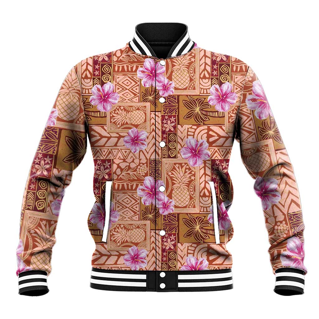 Orange Hawaii Hibiscus With Tropical Flowers Motifs Baseball Jacket - Polynesian Pride
