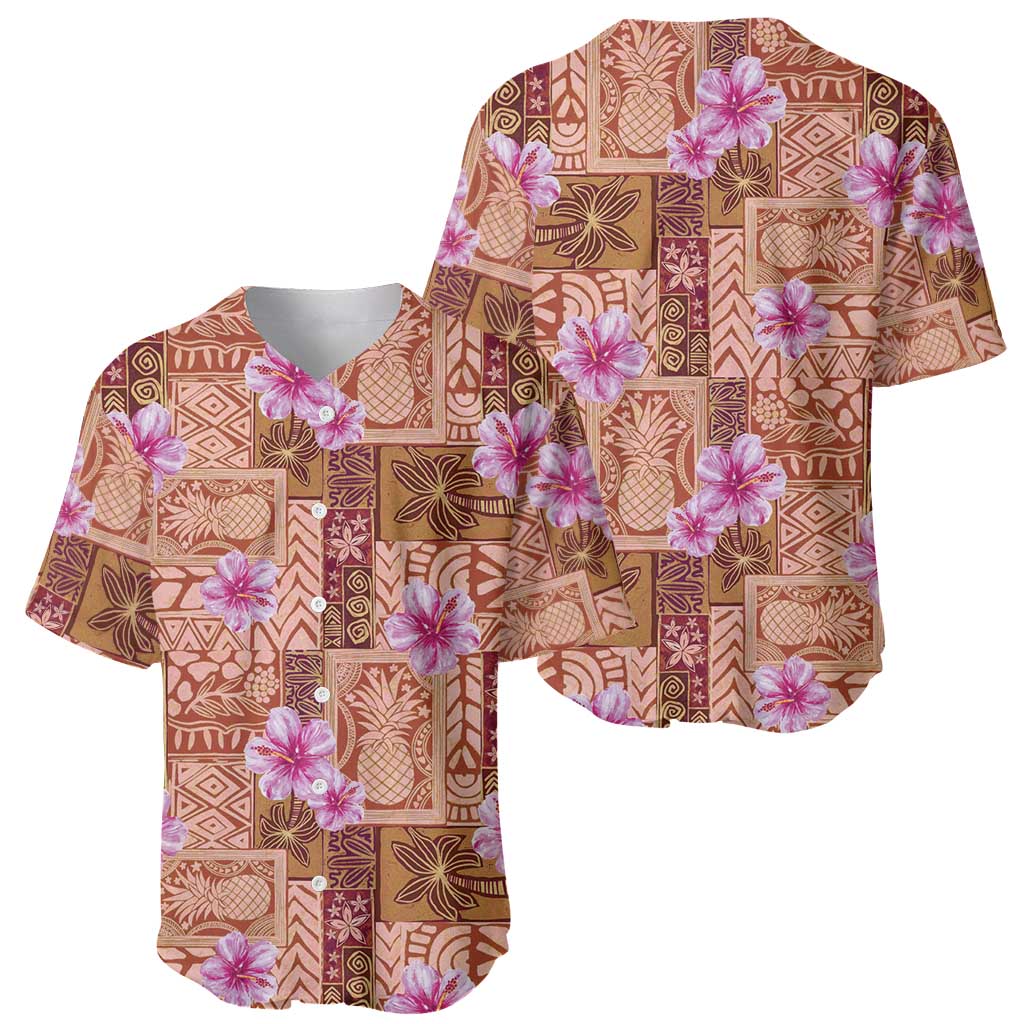 Orange Hawaii Hibiscus With Tropical Flowers Motifs Baseball Jersey - Polynesian Pride