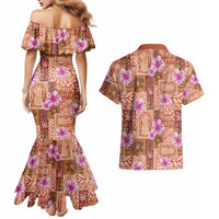 Orange Hawaii Hibiscus With Tropical Flowers Motifs Couples Matching Mermaid Dress and Hawaiian Shirt - Polynesian Pride