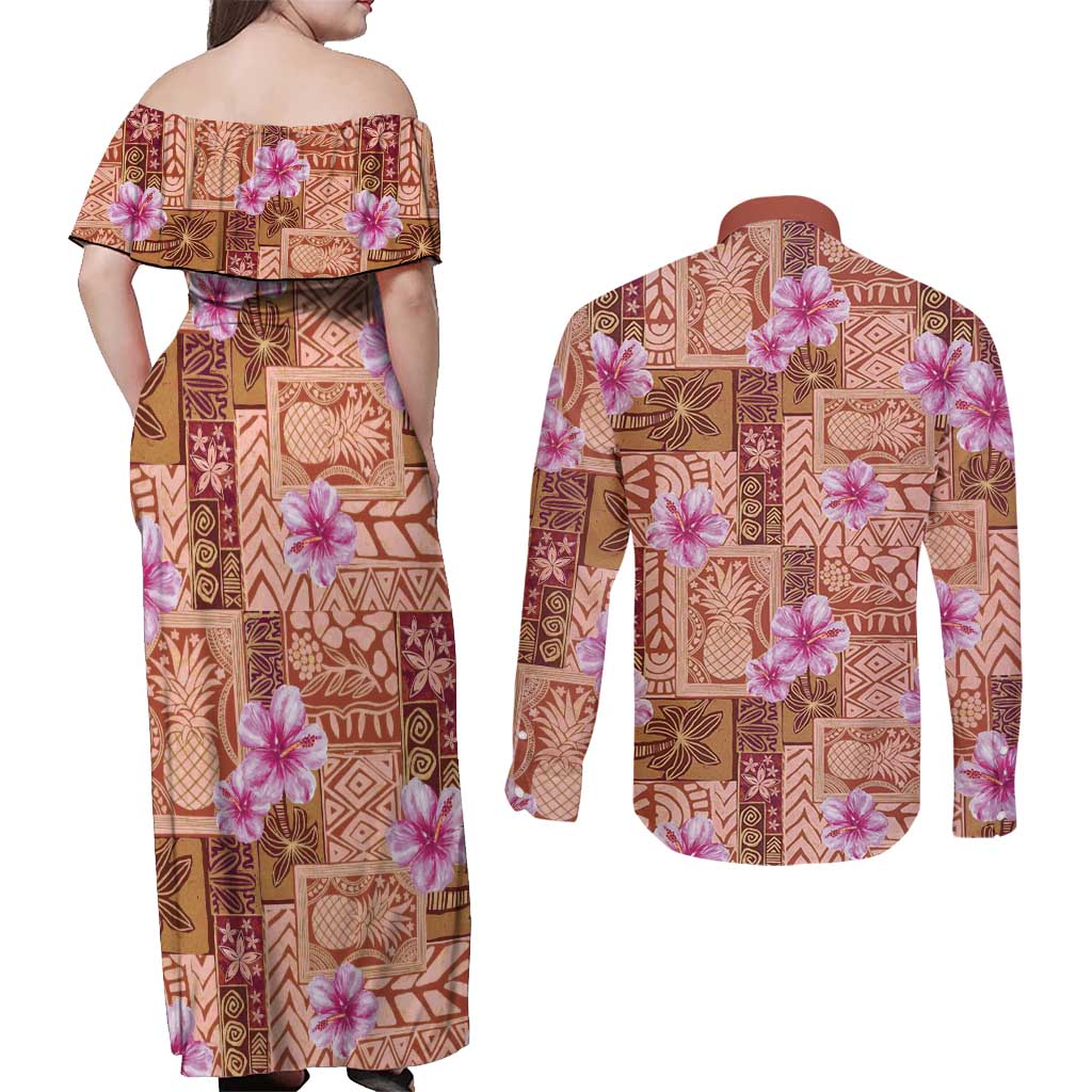 Orange Hawaii Hibiscus With Tropical Flowers Motifs Couples Matching Off Shoulder Maxi Dress and Long Sleeve Button Shirt - Polynesian Pride
