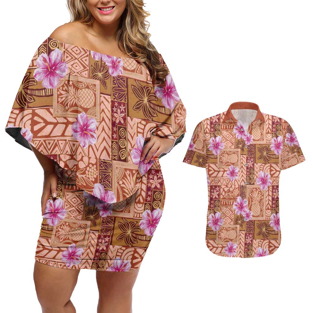 Orange Hawaii Hibiscus With Tropical Flowers Motifs Couples Matching Off Shoulder Short Dress and Hawaiian Shirt - Polynesian Pride
