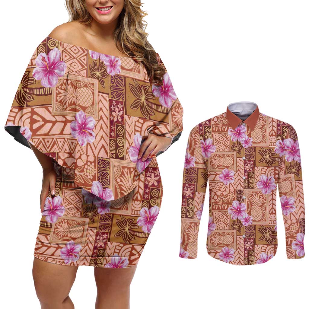 Orange Hawaii Hibiscus With Tropical Flowers Motifs Couples Matching Off Shoulder Short Dress and Long Sleeve Button Shirt - Polynesian Pride