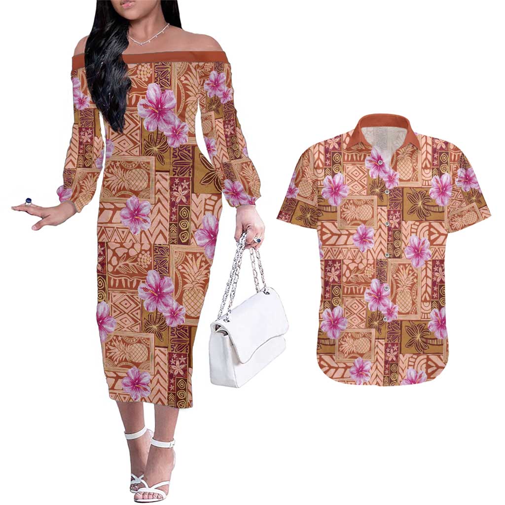 Orange Hawaii Hibiscus With Tropical Flowers Motifs Couples Matching Off The Shoulder Long Sleeve Dress and Hawaiian Shirt - Polynesian Pride