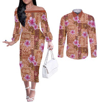 Orange Hawaii Hibiscus With Tropical Flowers Motifs Couples Matching Off The Shoulder Long Sleeve Dress and Long Sleeve Button Shirt - Polynesian Pride