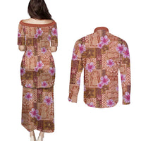 Orange Hawaii Hibiscus With Tropical Flowers Motifs Couples Matching Puletasi and Long Sleeve Button Shirt - Polynesian Pride