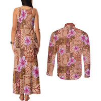 Orange Hawaii Hibiscus With Tropical Flowers Motifs Couples Matching Tank Maxi Dress and Long Sleeve Button Shirt - Polynesian Pride