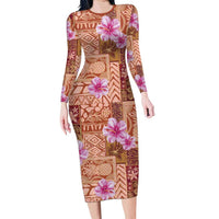 Orange Hawaii Hibiscus With Tropical Flowers Motifs Family Matching Long Sleeve Bodycon Dress and Hawaiian Shirt - Polynesian Pride