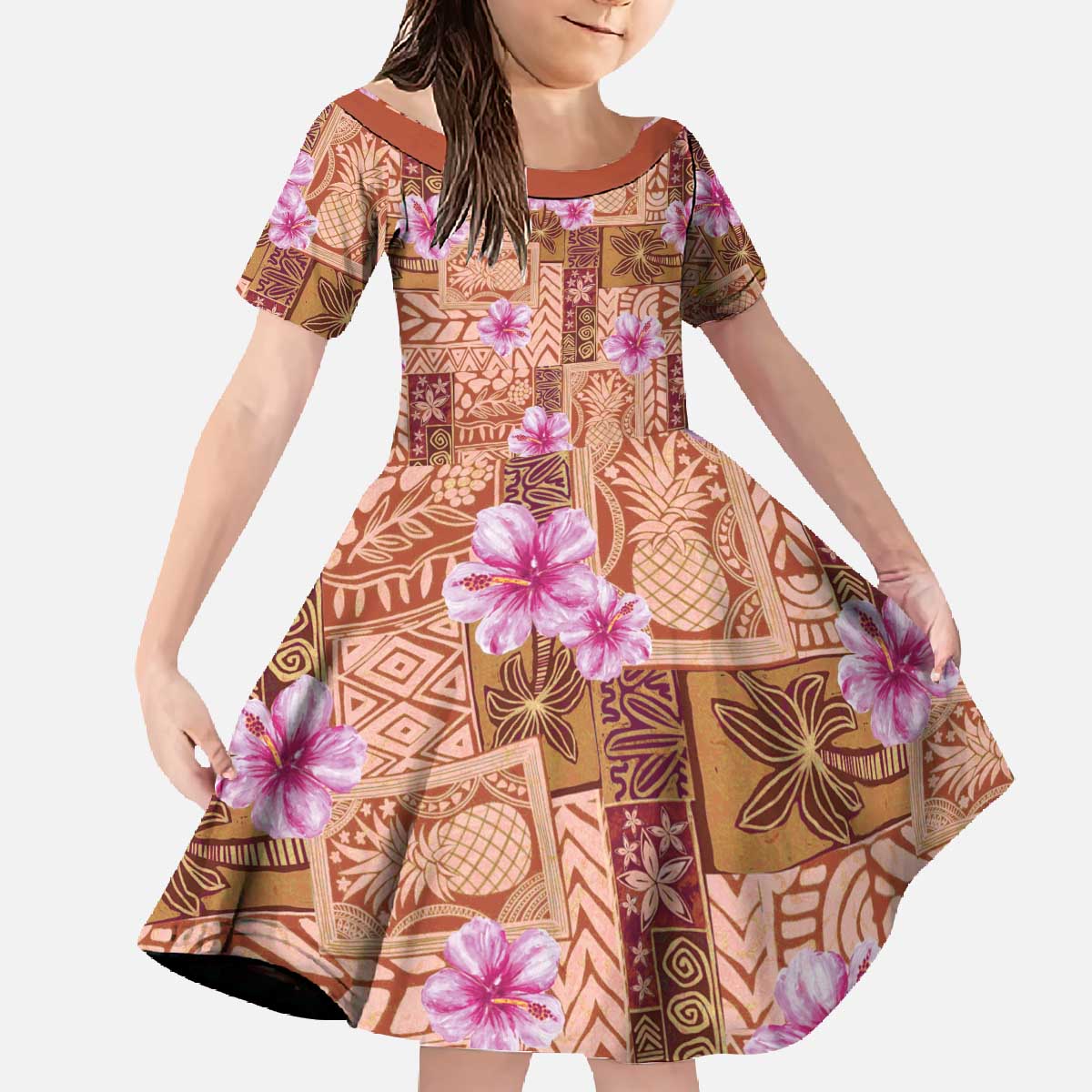 Orange Hawaii Hibiscus With Tropical Flowers Motifs Family Matching Off The Shoulder Long Sleeve Dress and Hawaiian Shirt LT14 Daughter's Dress Orange - Polynesian Pride