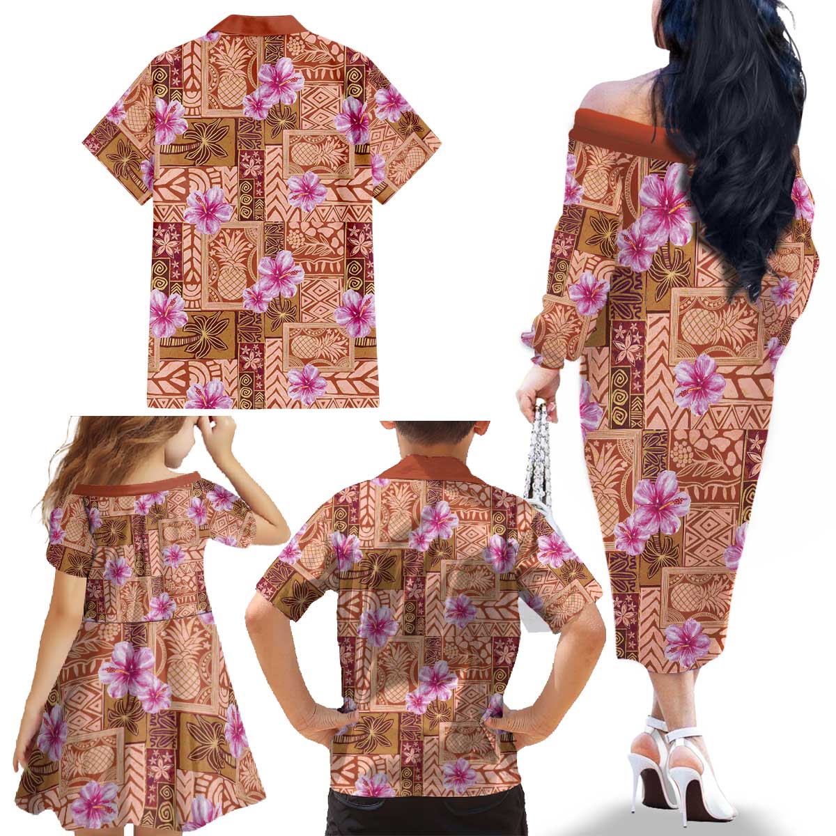 Orange Hawaii Hibiscus With Tropical Flowers Motifs Family Matching Off The Shoulder Long Sleeve Dress and Hawaiian Shirt LT14 - Polynesian Pride