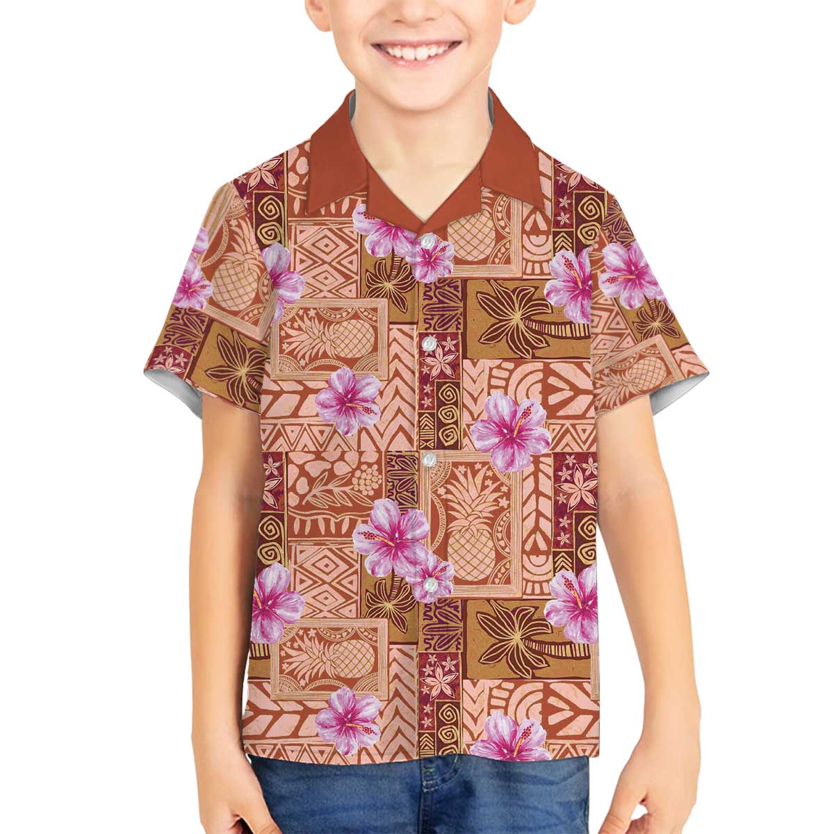 Orange Hawaii Hibiscus With Tropical Flowers Motifs Family Matching Off The Shoulder Long Sleeve Dress and Hawaiian Shirt LT14 Son's Shirt Orange - Polynesian Pride