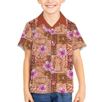 Orange Hawaii Hibiscus With Tropical Flowers Motifs Family Matching Off The Shoulder Long Sleeve Dress and Hawaiian Shirt LT14 Son's Shirt Orange - Polynesian Pride